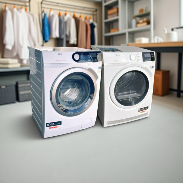 Voordeelset AEG A+++ Wasmachine 9kg 1600toeren L8FEN96CS  + Warmtepompdroger 8kg T8ECO   €688,-