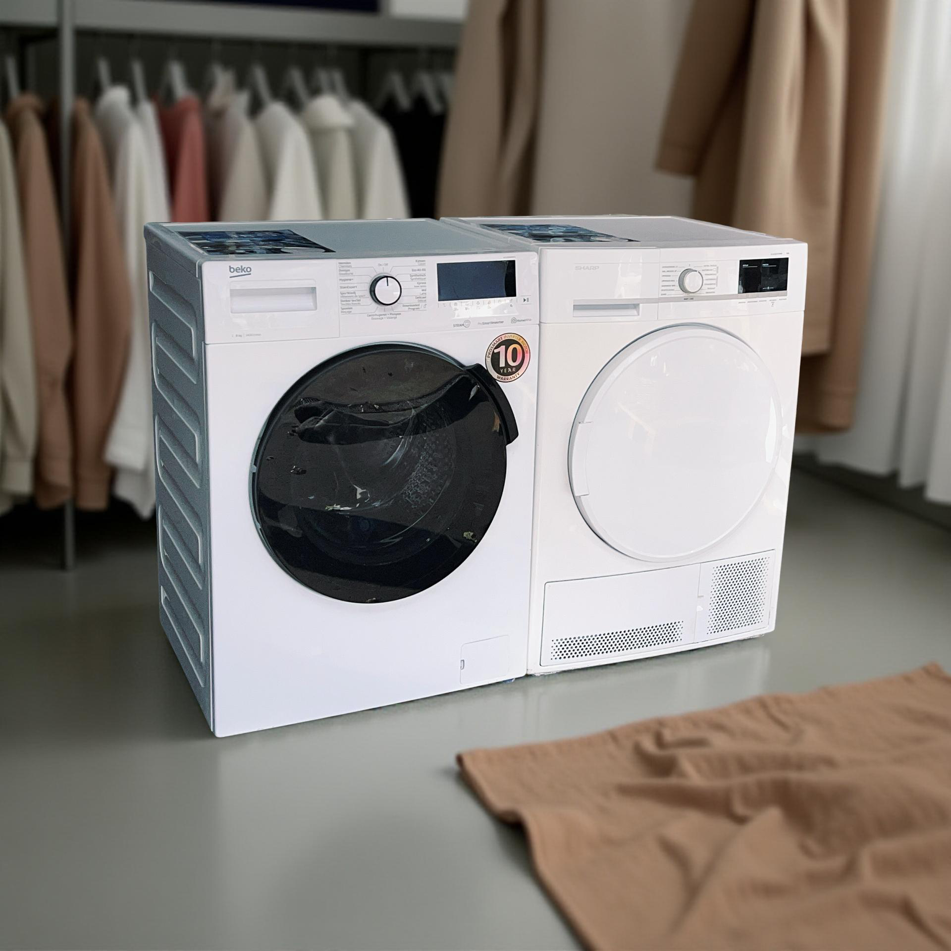 Voordeelset BEKO Wasmachine 8kg + SHARP Condensdroger 7kg €468,-